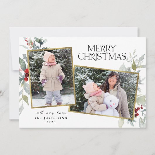 Holly Berries Vrolijk Kerstfeest 2 Fotocollage Feestdagenkaart (Voorkant)