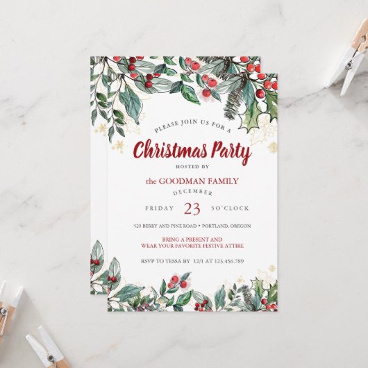 Holly Berries Waterverf Lines Kerstfeest Kaart (Voorkant / Achterkant in situ)
