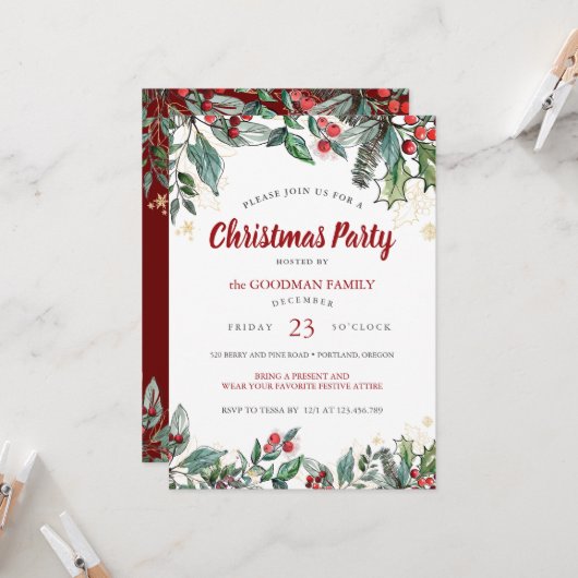 Holly Berries Waterverf Lines Kerstfeest Kaart (Voorkant / Achterkant in situ)