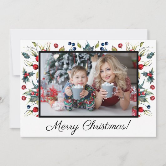 Holly Berries White Merry kerstfoto Greeting Feestdagenkaart (Voorkant)