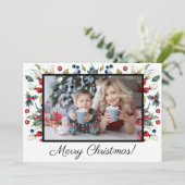 Holly Berries White Merry kerstfoto Greeting Feestdagenkaart (Staand voorkant)