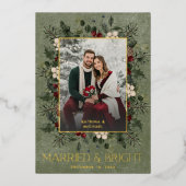 Holly Berries Wine Married Bright Christmas Photo Folie Feestdagenkaart (Voorkant)
