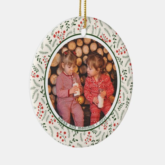 Holly Berries Winter Greenery Fotonamen Keramisch Ornament (Rechts)