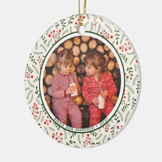 Holly Berries Winter Greenery Fotonamen Keramisch Ornament (Links)