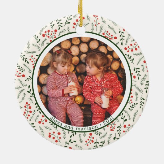 Holly Berries Winter Greenery Fotonamen Keramisch Ornament (Achterkant)