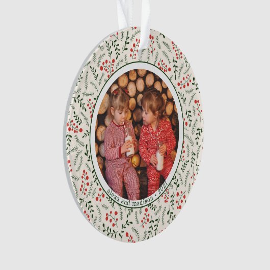 Holly Berries Winter Greenery Fotonamen Keramisch Ornament (voorkant)