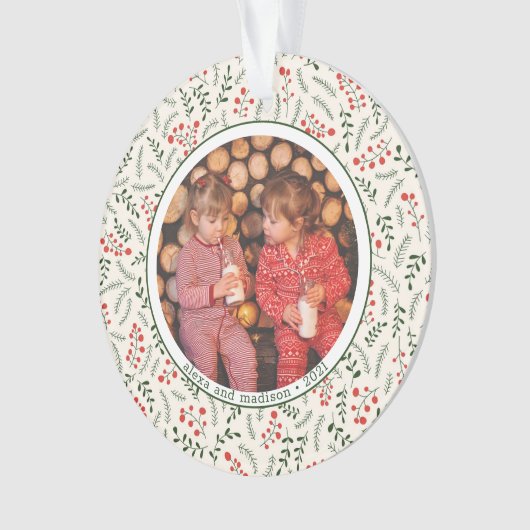 Holly Berries Winter Greenery Fotonamen Keramisch Ornament (voorkant)