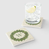  Holly Berries WreatGreen Monogram Stenen Onderzetter (Zijkant)