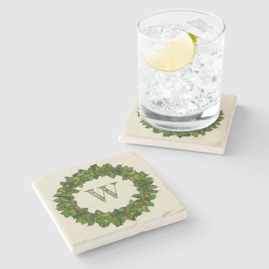  Holly Berries WreatGreen Monogram Stenen Onderzetter (Zijkant)