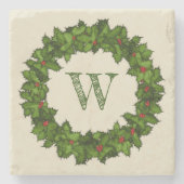  Holly Berries WreatGreen Monogram Stenen Onderzetter (Voorkant)