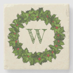  Holly Berries WreatGreen Monogram Stenen Onderzetter
