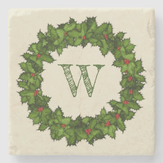  Holly Berries WreatGreen Monogram Stenen Onderzetter (Voorkant)