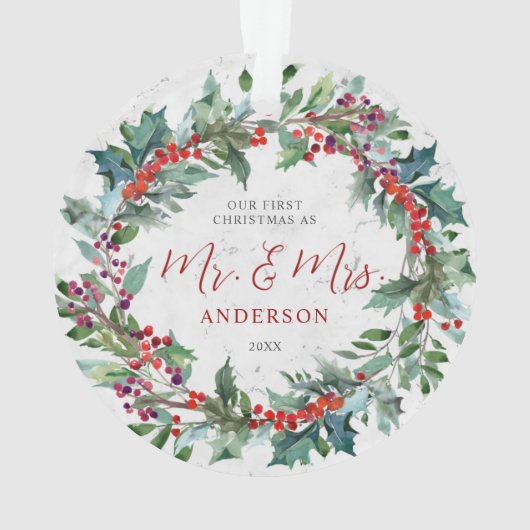 Holly Berries Wreath Marble de heer en mevrouw Ker Ornament (achterkant)