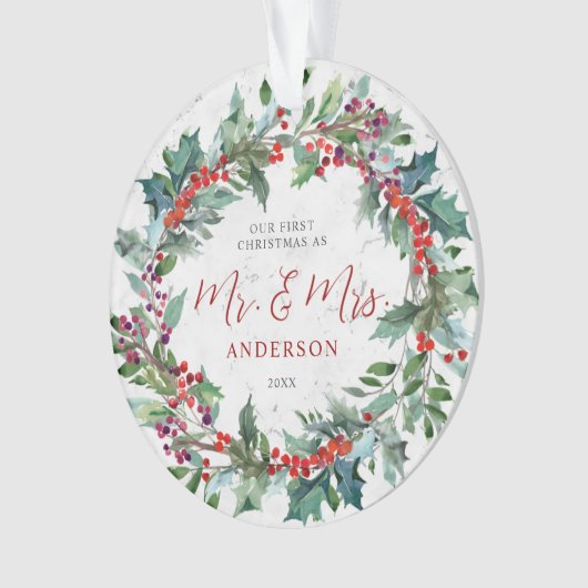 Holly Berries Wreath Marble de heer en mevrouw Ker Ornament (voorkant)