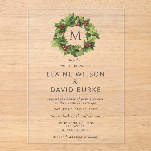 Holly Berries Wreath Monogram Winter Wedding Acryl Uitnodigingen (Voorkant)