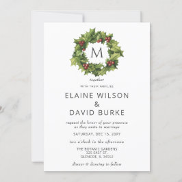 Holly Berries Wreath Monogram Winter Wedding Kaart