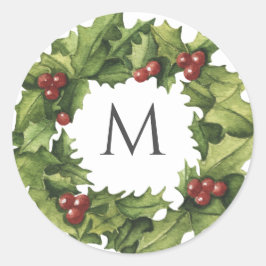 Holly Berries Wreath Monogram Winter Wedding Ronde Sticker