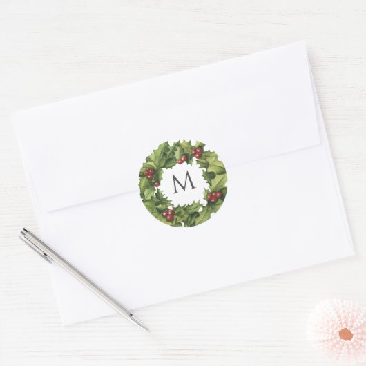 Holly Berries Wreath Monogram Winter Wedding Ronde Sticker (Envelop)