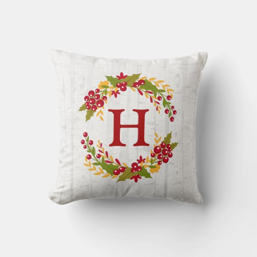 Holly Berries Wreath Monogrammed Family Wishes Kussen (Voorkant)