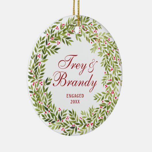 Holly Berries Wreath Personalized Verloving Keramisch Ornament (Rechts)