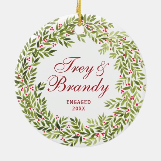 Holly Berries Wreath Personalized Verloving Keramisch Ornament (Achterkant)