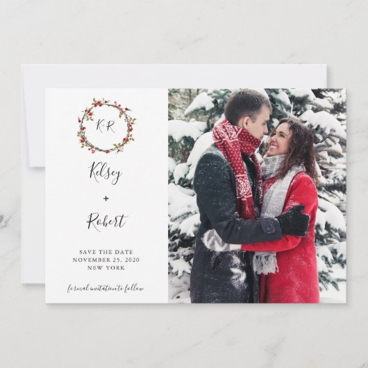 Holly Berries Wreath Save the Date (Voorkant)