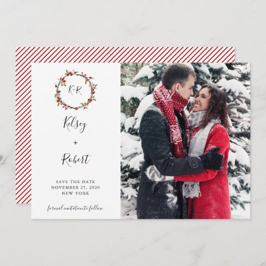 Holly Berries Wreath Save the Date (Voorkant / Achterkant)