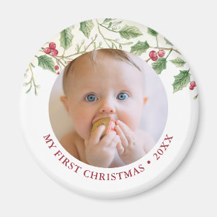 Holly Berry Baby 1e Kerstmis Foto Vakantie Lief Magneet