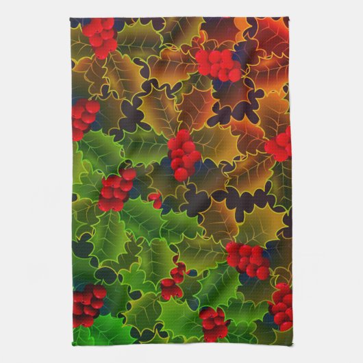 Holly berry bladeren gloeiende winter haard rood g theedoek (Verticaal)