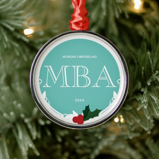 Holly Berry Blauwgroen White MBA Afstuderen Naam J Metalen Ornament (Boom)