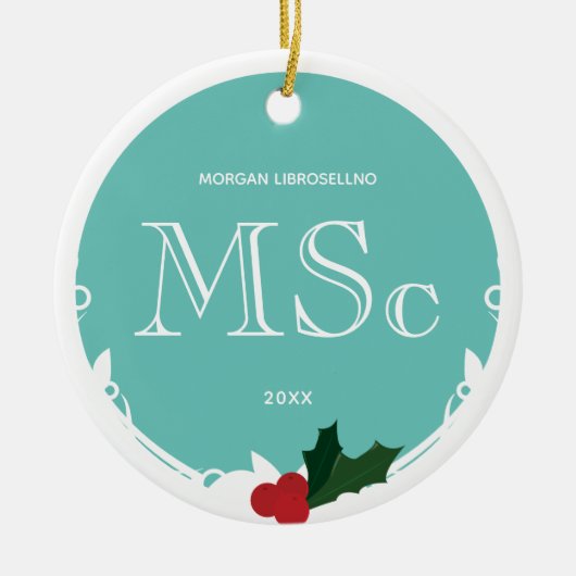 Holly Berry Blauwgroen Wit MSc Afstuderen Naam Jaa Keramisch Ornament (Voorkant)