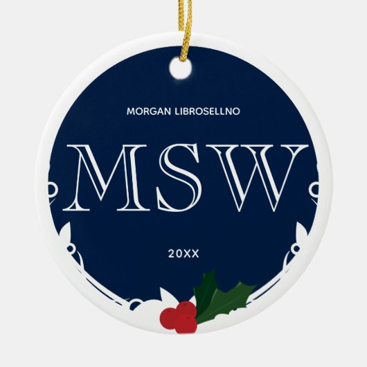 Holly Berry Blue White MSW Afstuderen Name Year Keramisch Ornament (Voorkant)