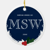Holly Berry Blue White MSW Afstuderen Name Year Keramisch Ornament (Achterkant)