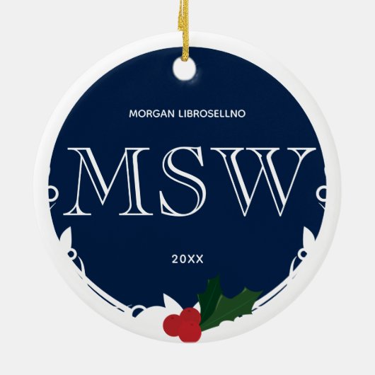 Holly Berry Blue White MSW Afstuderen Name Year Keramisch Ornament (Achterkant)