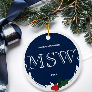 Holly Berry Blue White MSW Afstuderen Name Year Keramisch Ornament