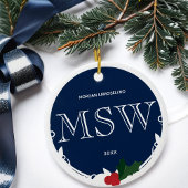 Holly Berry Blue White MSW Afstuderen Name Year Keramisch Ornament