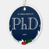Holly Berry Blue White PhD Afstuderen Naam Jaar Keramisch Ornament (Links)