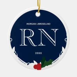Holly Berry Blue White RN Nurse Keramisch Ornament