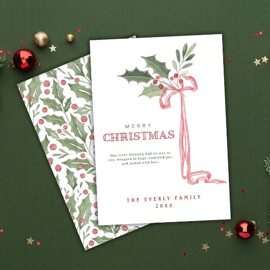 Holly Berry Bow Merry Christmas Feestdagenkaart
