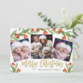 Holly Berry Branch 3 PHOTO kerstgroet Feestdagenkaart (Staand voorkant)