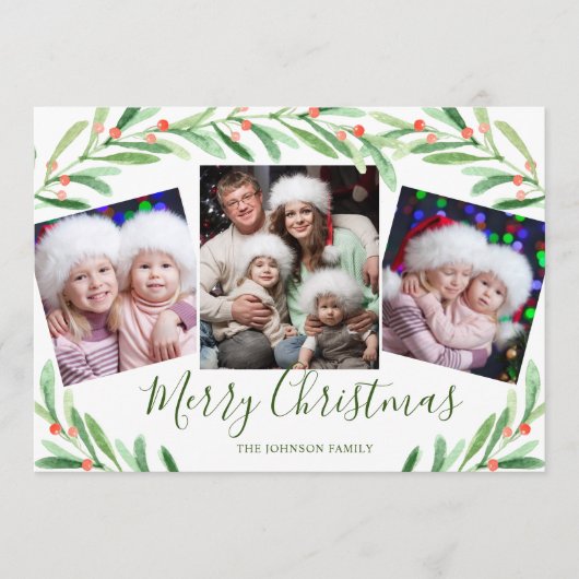 Holly Berry Branch 3 PHOTO kerstgroet Feestdagenkaart (Voorkant)