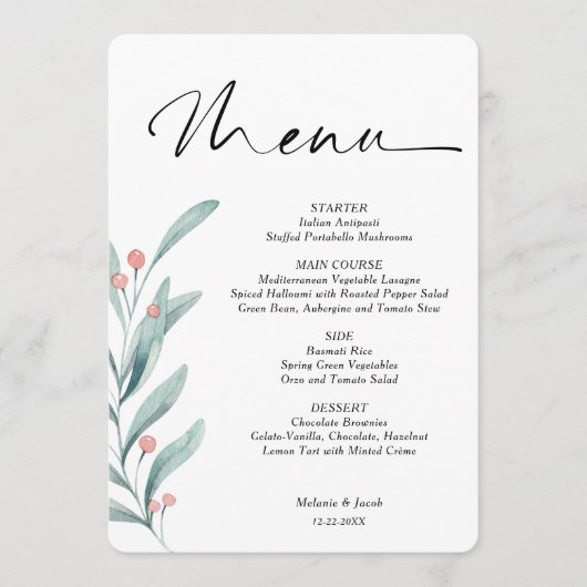 Holly Berry Branch Kerstmis bruiloft Menu (Voorkant)