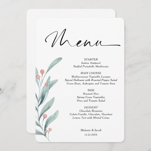 Holly Berry Branch Kerstmis bruiloft Menu (Voorkant / Achterkant)