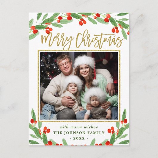 Holly Berry Branch PHOTO Kerstgroet Briefkaart (Voorkant)