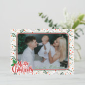 Holly Berry Branches Moderne Vrolijke Kerstfoto Feestdagenkaart (Staand voorkant)