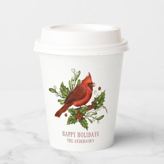 Holly Berry Cardinaal Holiday Monogram Mistletoe Papieren Bekers (Voorkant)