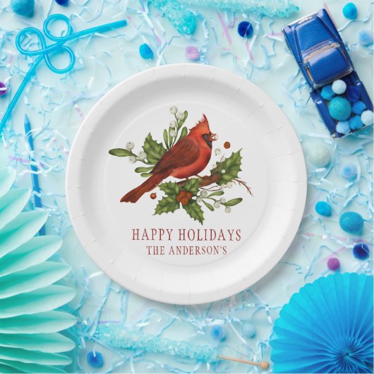 Holly Berry Cardinaal Holiday Monogram Mistletoe Papieren Bordje (Feest)