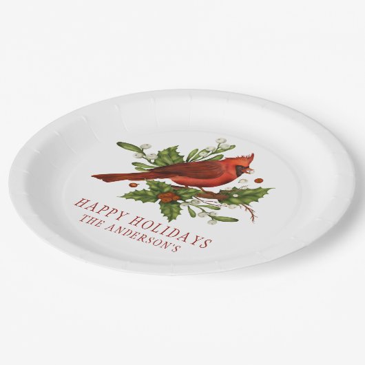 Holly Berry Cardinaal Holiday Monogram Mistletoe Papieren Bordje (Gekanteld)