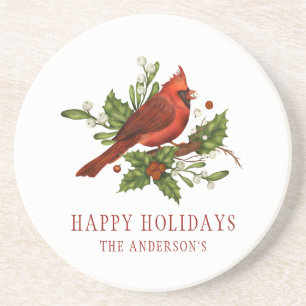 Holly Berry Cardinaal Holiday Monogram Mistletoe Zandsteen Onderzetter