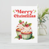 Holly Berry Christmas Cupcake Feestdagenkaart (Staand voorkant)